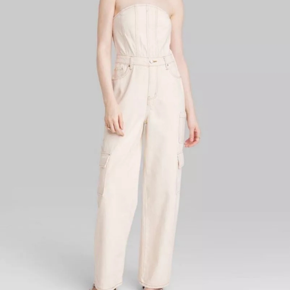 Wild Fable Women's Tube Cargo Denim Jumpsuit Bandeau Strapless Off-The-Shoulder